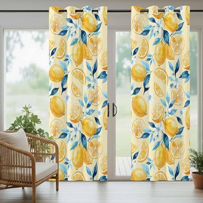 Lemon Outdoor Curtains for Patio Lemon Leaves Summer Plants Begin Waterproof Outside Curtains with Grommet Top Weatherproof Curtain for Cabana Pergola Gazebo, 2 Pack, 54" W x 108" L