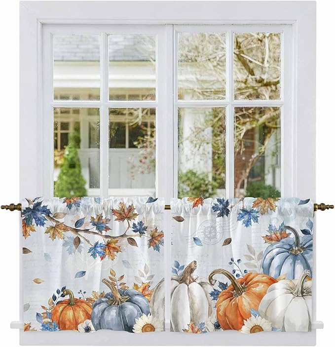 Fall Blue Maple Kitchen Tier Curtains 24 Inch Long 2 Panel Set,Rod Pocket Cafe Small Window Curtains Over Sink,Thanksgiving Pumpkins Daisy Country Leaves Short Drapes for Bathroom 27.5"W x 24"L