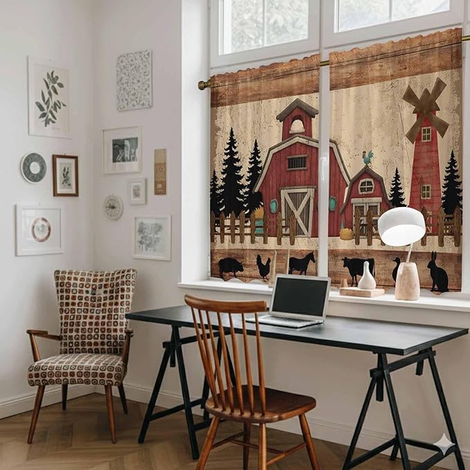 Brown Farmhouse Kitchen Curtains, Vintage Country Animals Wooden Grain Light Filtering Window Curtain Panels, 2Pcs Rod Pocket Window Treatments Set for RV Dining Room Study Room 42x54 Inches
