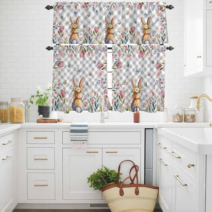 Kitchen Curtains Tiers and Valance Set of 3, Easter Light Filtering Window Curtain Set, Spring Rabbit Butterfly Botanical Florals Grey Plaid Rod Pocket Curtain Drapes for Living Room, 24 Inches Tiers