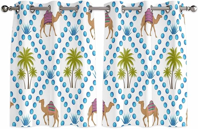 2 Panel Kitchen Cafe Curtains, Camels Palm Trees Sunlight Filtering Nature Air Through, Home Decor Window Covering Tier Curtains for Living Room 104W x 52L inch Tropical Desert Animal Plants Polka Dot