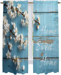 Farmhouse Wooden Grain Kitchen Curtains, Vintage Shabby Chic Flower Blue Light Filtering Window Curtain Panels, 2Pcs Rod Pocket Window Treatments Set for Living Room Bathroom Bedroom 52x72 Inches