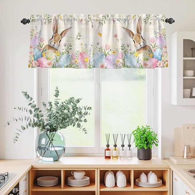 Kitchen Curtains Tiers and Valance Set of 3, Easter Light Filtering Window Curtain Set, Pastoral Spring Bunny Eggs Botanical Flowers Leaf Rod Pocket Curtain Drapes for Living Room, 24 Inches Tiers