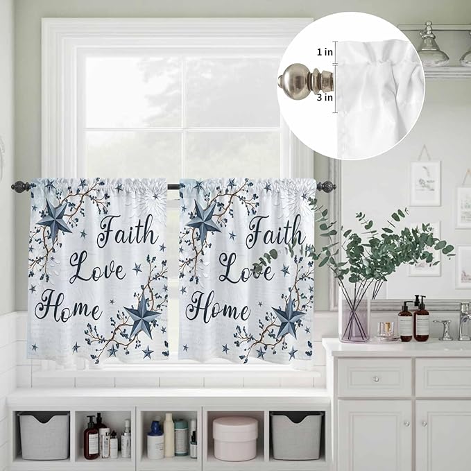 Kitchen Curtains Tiers and Valance Set of 3, Texas Star Country Light Filtering Window Curtain Set, Blue Farmhouse Branches Rod Pocket Curtain Drapes for Cafe, Living Room, 24 Inches Tiers