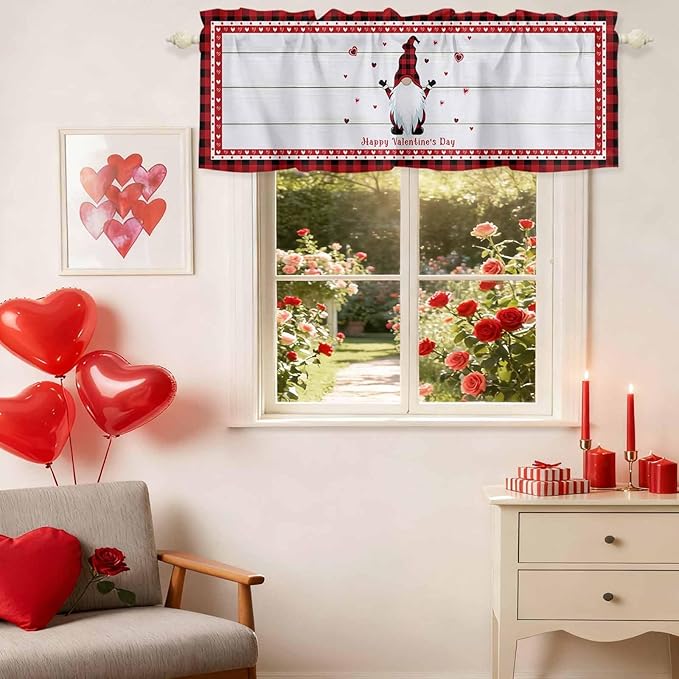 Valentine's Day Valance Curtains for Kitchen, Gnome Red Love Plaid Wood Grain Privacy Rod Pocket Valance Curtain, Light-Filtering Window Treatment for Bedroom Bathroom, 60"x18"