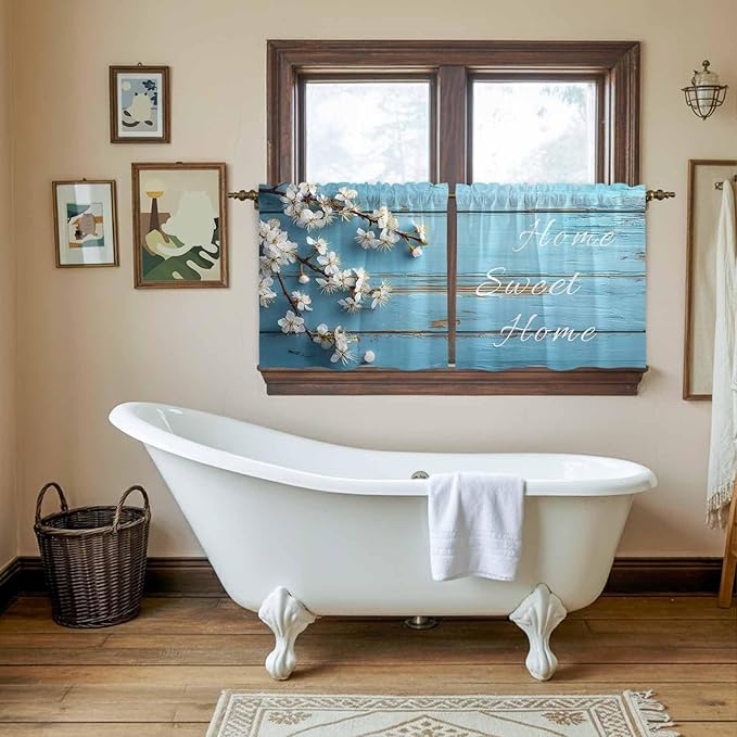 Farmhouse Wooden Grain Tier Curtains, Vintage Shabby Chic Flower Blue Light Filtering Kitchen Curtains, 2Pcs Rod Pocket Half Window Treatments Panels for Sink Cafe Cabinet Camper 27.5x36 Inches