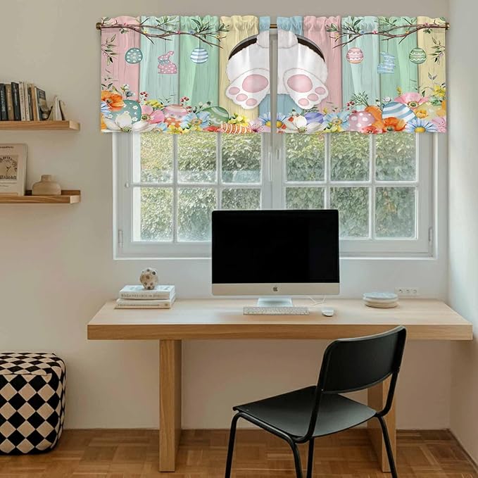 Easter Kitchen Tier Curtains 24 Inch Long 2 Panel Set,Rod Pocket Cafe Small Window Curtains Over Sink,Spring Colorful Bunny Eggs Flower Wood Grain Light Filtering Short Drapes 27.5"W x 24"L