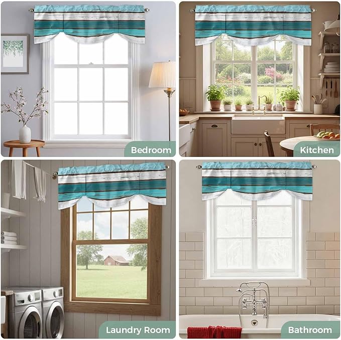 Turquoise Teal Tie Up Valance Curtains for Windows, Kitchen Curtains Window Shades, Farmhouse Retro Ombre Wooden Grain Light Filtering Roman Curtain Valances for Bedroom/Bathroom/Cafe 60"x18"