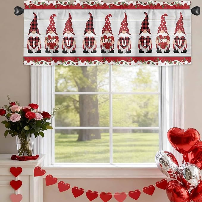 I Love U Valance Curtains for Kitchen, Valentine's Day Dwarf Romantic Wood Grain Privacy Rod Pocket Valance Curtain, Light-Filtering Window Treatment for Bedroom Bathroom, 42"x18"