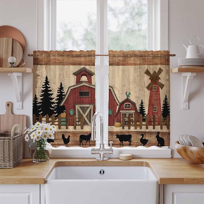 Brown Farmhouse Kitchen Curtains, Vintage Country Animals Wooden Grain Light Filtering Window Curtain Panels, 2Pcs Rod Pocket Window Treatments Set for Cabin Bathroom Bedroom 52x45 Inches