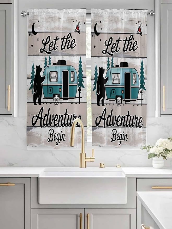 Farmhouse Bear Camper Van Tree Window Valance Curtains, Vintage Wood Grain Light Filtering Kitchen Valance with 3-inch Rod Pocket for Living Room Bathroom Bedroom,2 Panel,42x63In