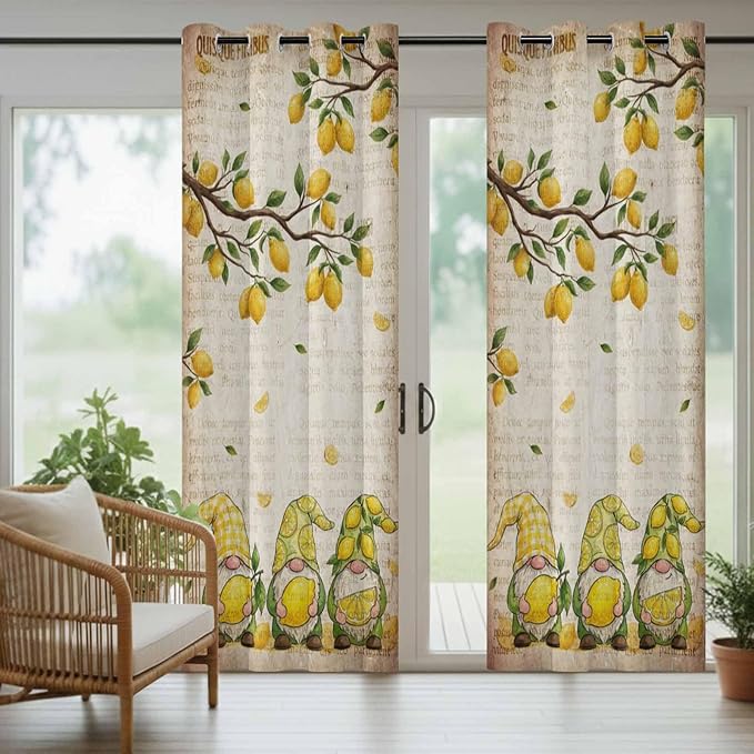 Summer Gnome Outdoor Curtains for Patio Gnome Lemon Leaf Vintage Waterproof Outside Curtains with Grommet Top Weatherproof Curtain for Cabana Pergola Gazebo, 2 Pack, 54" W x 108" L