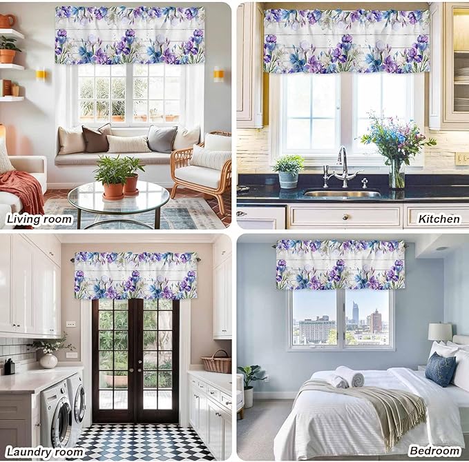 Spring Flowers Curtain Valances for Windows, Kitchen Valance Window Treatment, Watercolor Garden Florals Wooden Grain Light Filtering Block Curtains for Bathroom/Bedroom/Living Room 42'' x 18''