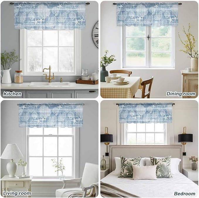 Haze Blue Retro Summer Sheer Valance Curtains, Sea Turtle Starfish Coral Ocean Light Filtering Kitchen Valances Rod Pocket Voile Curtain Window Treatment for Bedroom/Living Room/Basement 42Wx18L