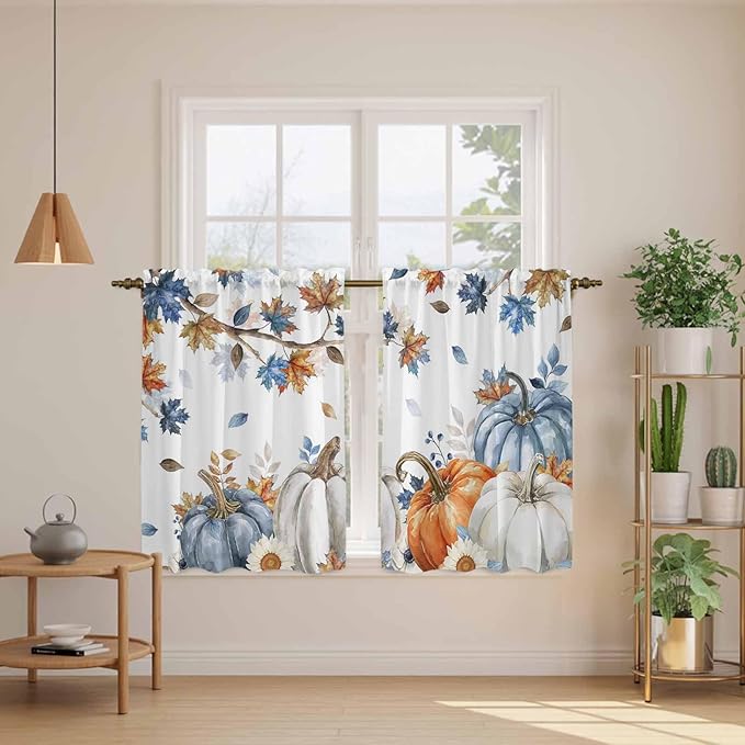 Navy Blue Pumpkin Fall Kitchen Curtains 54 Inch Long 2 Panel Set,Rod Pocket Window Curtains Panels,Thanksgiving Maple Leaves Branches Light Filtering Privacy Draperies for Bedroom Laundry 42"W x 54"L