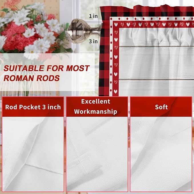Valentine's Day Valance Curtains for Kitchen, Gnome Red Love Plaid Wood Grain Privacy Rod Pocket Valance Curtain, Light-Filtering Window Treatment for Bedroom Bathroom, 60"x18"
