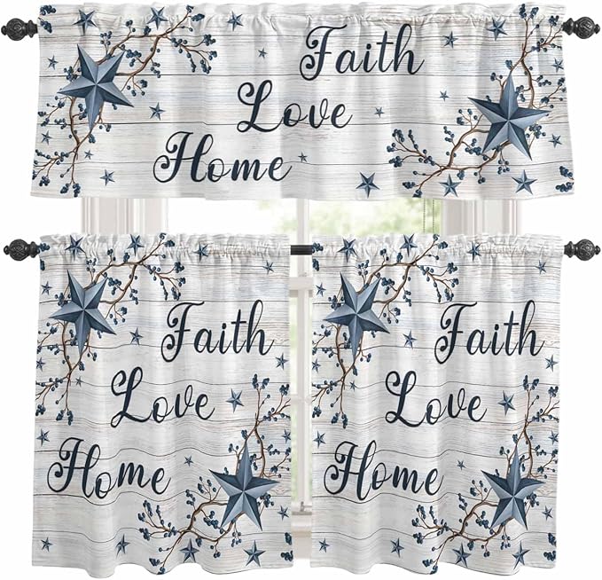 Kitchen Curtains Tiers and Valance Set of 3, Farmhouse Light Filtering Window Curtain Set, Blue Country Texas Star Vintage Berries Wooden Rod Pocket Curtain Drapes for Living Room, 36 Inches Tiers