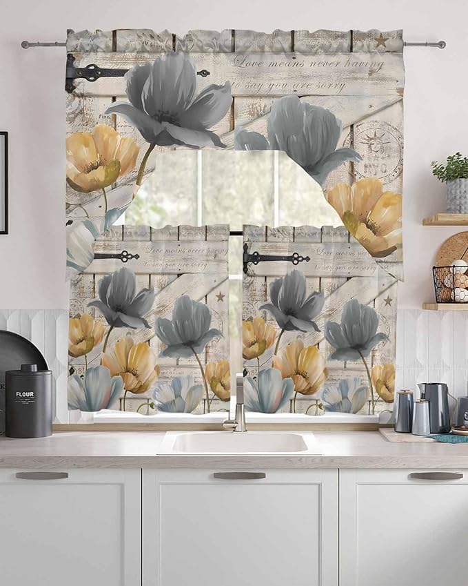 Vintage Tulip Swag Kitchen Curtains Valance and Tier Set, Farmhouse Retro Blue Yellow Grey Flower Barn Door Light-Filtering Swag Valance 36 Inch Length, Rod Pocket Short Curtain for Bedroom Cafe