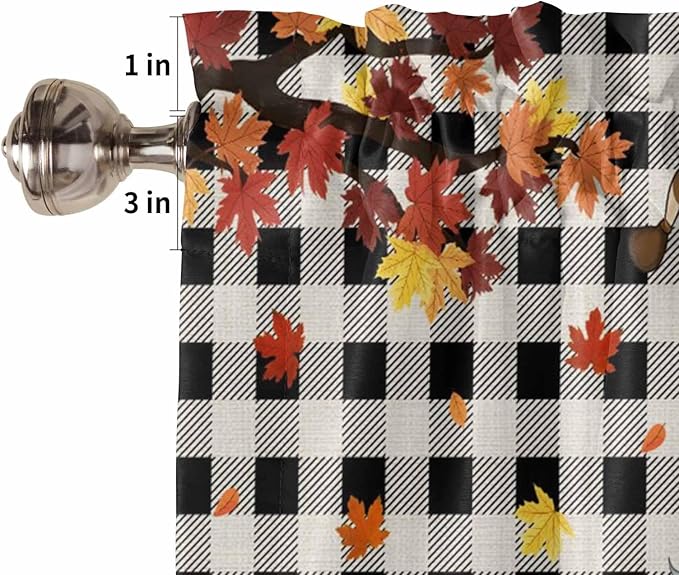 Thanksgiving Gnomes Kitchen Curtain Set, Fallen Maple Leaf Pumpkin Black Plaid Window Valance and Tiers 24" Length, Light Filtering Short Curtains Valance for Cafe Bathroom Bedroom 54"x18"