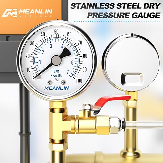 MEANLIN MEASURE 0~100Psi Dry Pressure Gauge Stainless Steel 1/4" NPT 2" FACE DIAL Waterproof for Well Pump Water Tire Water Pressure Tester Lower Mount, with 1/2" NPT and 3/8" NPT Hex Bushing