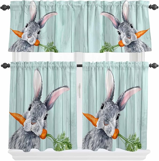 Easter Kitchen Curtain Set, Spring Rabbit Botanical Carrots Green Wooden Grain Window Valance and Tiers 36" Length, Light Filtering Short Curtains Valance for Cafe Bathroom Bedroom 54"x18"