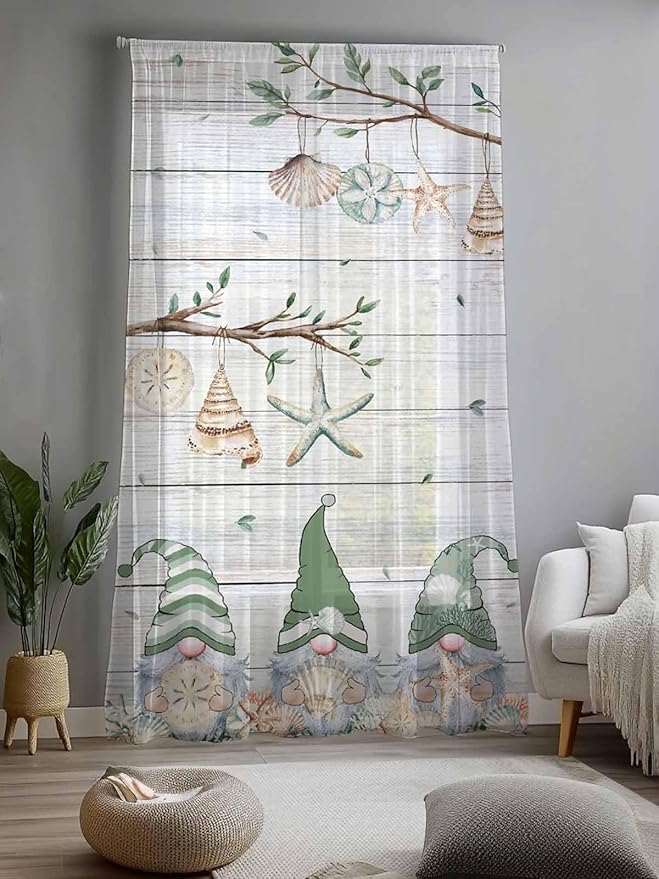Sheer Curtains 84 Inches Long, Sage Green Gnomes Semi Sheer Curtains Light Filtering Window Treatment, Eucalypus Coastal Anchor Retro Wood Privacy Voile Drapes for Living Room Bedroom 52x84 Inch