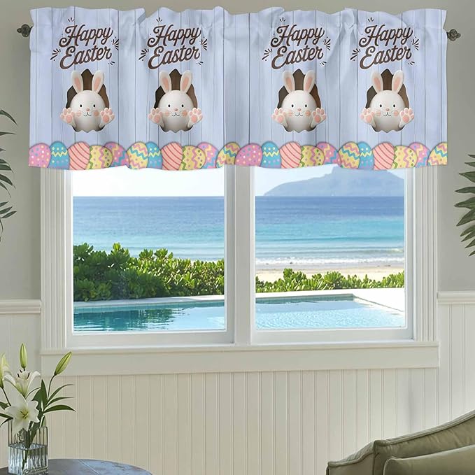 Blue Easter Curtain Valances for Windows, Kitchen Valance Window Treatment, Spring Cartoon Bunny Colorful Eggs Wood Grain Light Filtering Block Curtains for Bathroom/Bedroom/Living Room 42'' x 12''