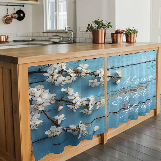 Farmhouse Wooden Grain Tier Curtains, Vintage Shabby Chic Flower Blue Light Filtering Kitchen Curtains, 2Pcs Rod Pocket Half Window Treatments Panels for Sink Cafe Cabinet Camper 27.5x24 Inches