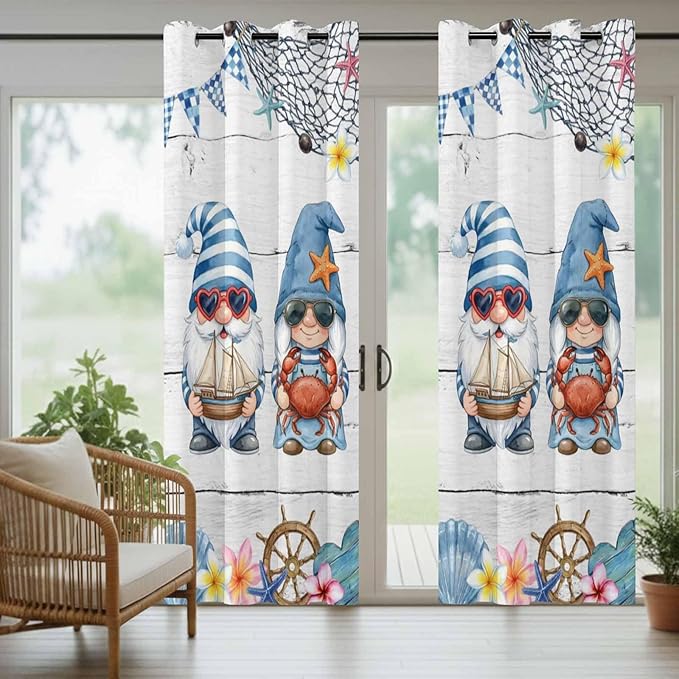 Ocean Gnome Outdoor Curtains for Patio Summer Marine Plumeria Shell Wooden Waterproof Outside Curtains with Grommet Top Weatherproof Curtain for Cabana Pergola Gazebo, 1 Panel, 54" W x 84" L