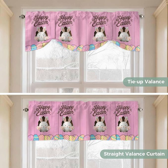 Pink Easter Tie Up Valance Curtains for Windows,Kitchen Curtains Window Shades,Easter Bunny Eggs Spring Cartoon Farmhouse Wood Grain Light Filtering Curtain Valances for Bedroom/Bathroom/Cafe 54"x18"