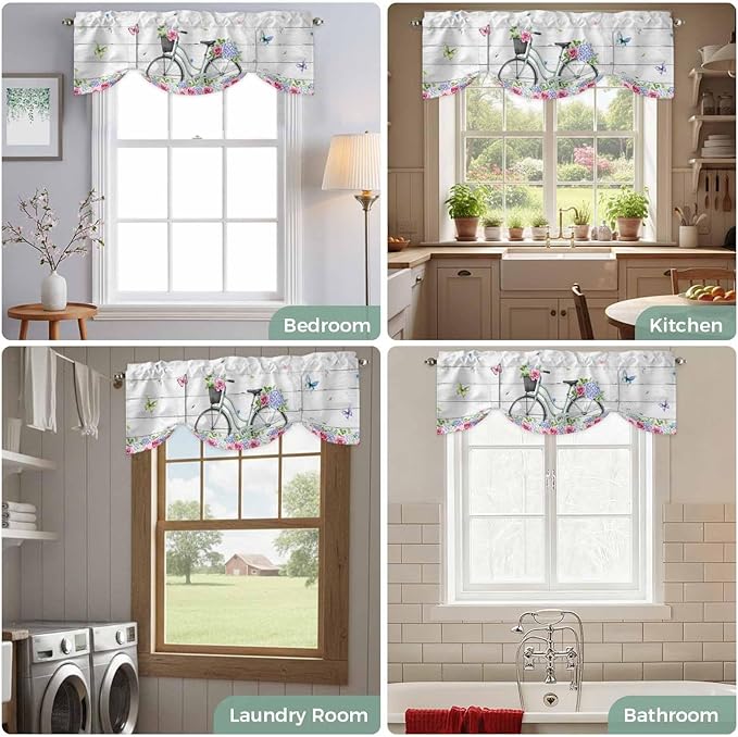 Spring Tie Up Valance Curtains for Windows, Kitchen Curtains Window Shades, Bicycles Botanical Rose Leaves Butterfly Wood Grain Light Filtering Roman Curtain Valances for Bedroom/Bathroom/Cafe 42"x12"