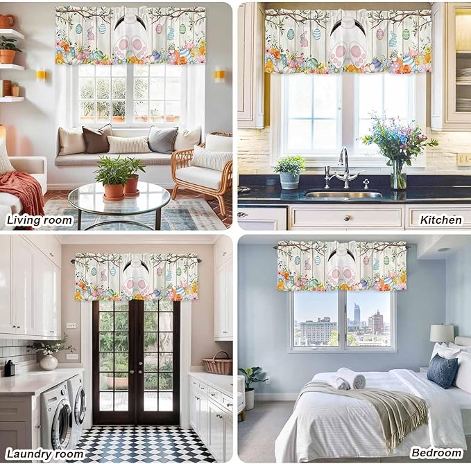 Easter Curtain Valances for Windows, Kitchen Valance Window Treatment, Spring Farmhouse Watercolor Bunny Eggs Wood Grain Light Filtering Block Curtains for Bathroom/Bedroom/Living Room 54'' x 18''