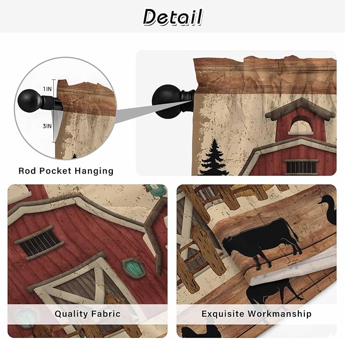 Brown Farmhouse Kitchen Curtains, Vintage Country Animals Wooden Grain Light Filtering Window Curtain Panels, 2Pcs Rod Pocket Window Treatments Set for Study Room Bathroom Bedroom 52x54 Inches