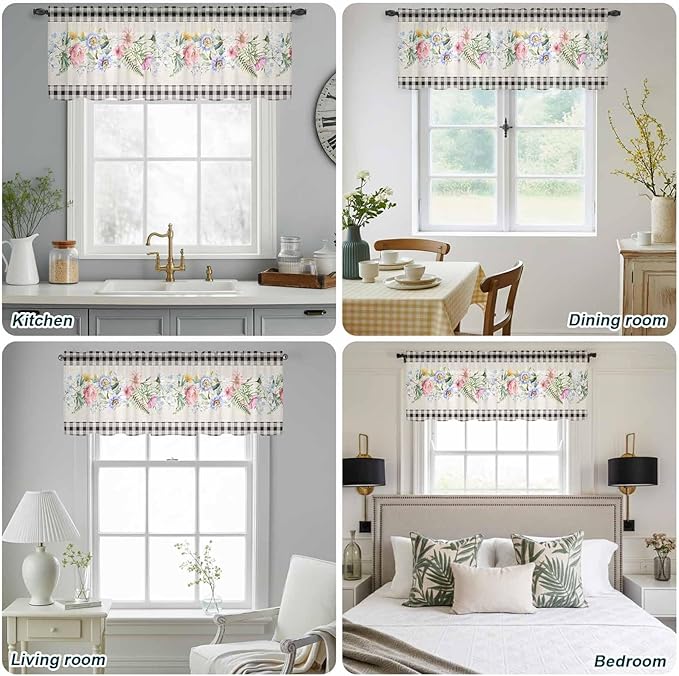 Blue Pink Floral Sheer Valance Curtains, Spring Summer Botanical Linen Black Plaid Light Filtering Kitchen Valances Rod Pocket Voile Curtain Window Treatment for Bedroom/Living Room/Basement 42Wx18L