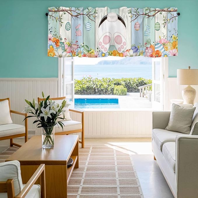 Easter Curtain Valances for Windows, Kitchen Valance Window Treatment, Spring Watercolor Bunny Eggs Wood Grain Teal Blue Light Filtering Block Curtains for Bathroom/Bedroom/Living Room 60'' x 18''