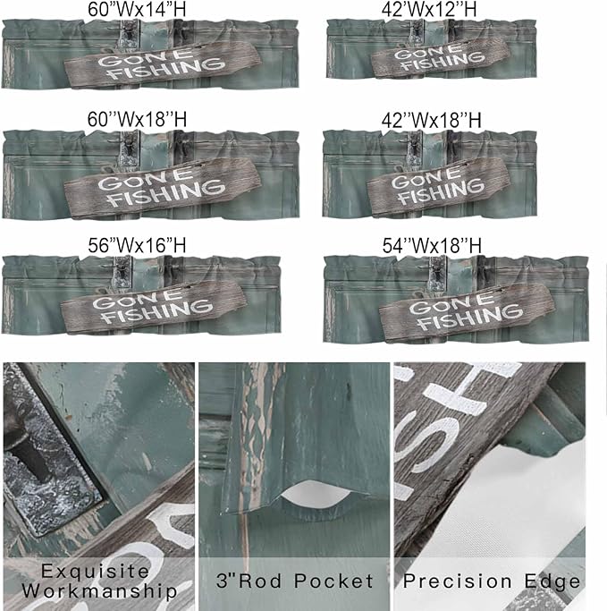 Gone Fishing Valances for Windows, Bronze Wood Grain Kitchen Valance Light Filtering Rod Pocket Short Curtains for Kitchen Bathroom, 1 Panel, 60"x14"