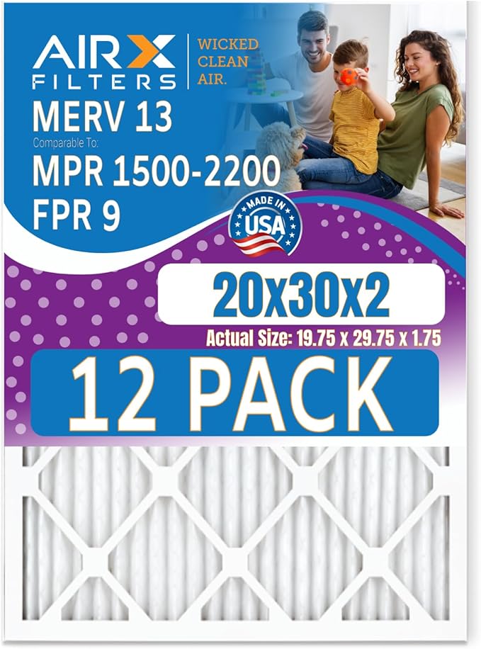 20x30x2 Air Filter MERV 13 Rating, 12 Pack of Furnace Filters Comparable to MPR 1500-2200 & FPR 9 - Made in USA by AIRX FILTERS WICKED CLEAN AIR.