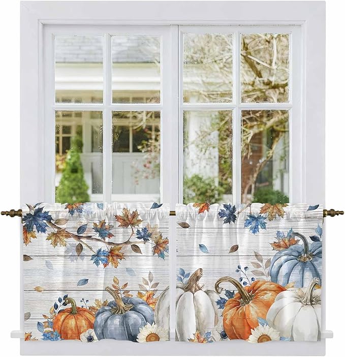 Thanksgiving Pumpkin Kitchen Tier Curtains 36 Inch Long 2 Panel Set,Rod Pocket Half Window Curtains Over Sink,Fall Maple Leaf Daisy Wooden Grain Short Drapes for Bathroom Cafe 27.5"W x 36"L