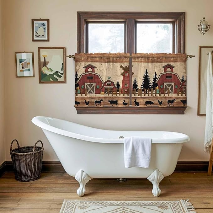 Brown Farmhouse Tier Curtains, Vintage Country Animals Wooden Grain Light Filtering Kitchen Curtains, 2Pcs Rod Pocket Half Window Treatments Panels for Sink Cafe Cabinet Camper 27.5x36 Inches