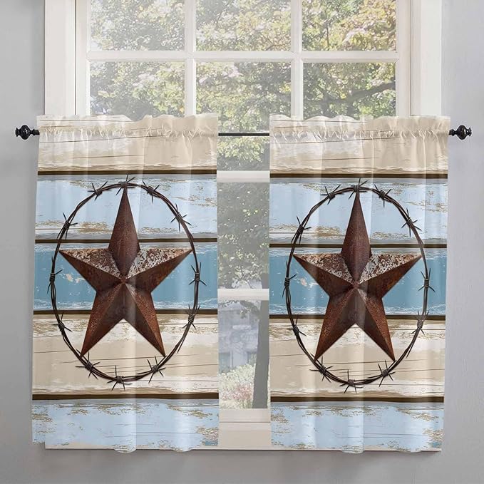 Vintage Western Star on Wood Grain Window Valance Curtains, Retro Wooden Texture Light Filtering Kitchen Valance with 3-inch Rod Pocket for Living Room Bathroom Bedroom,2 Panel,42x54In