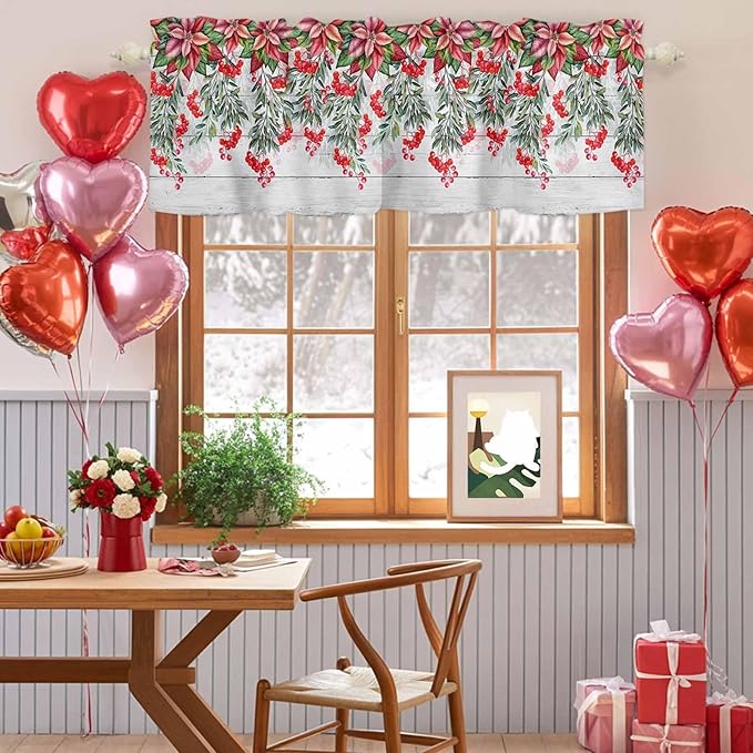 Poinsettia Berry Valance Curtains for Kitchen, Red Floral Winter Plants Vintage Wood Grain Privacy Rod Pocket Valance Curtain, Light-Filtering Window Treatment for Bedroom Bathroom, 42"x18"