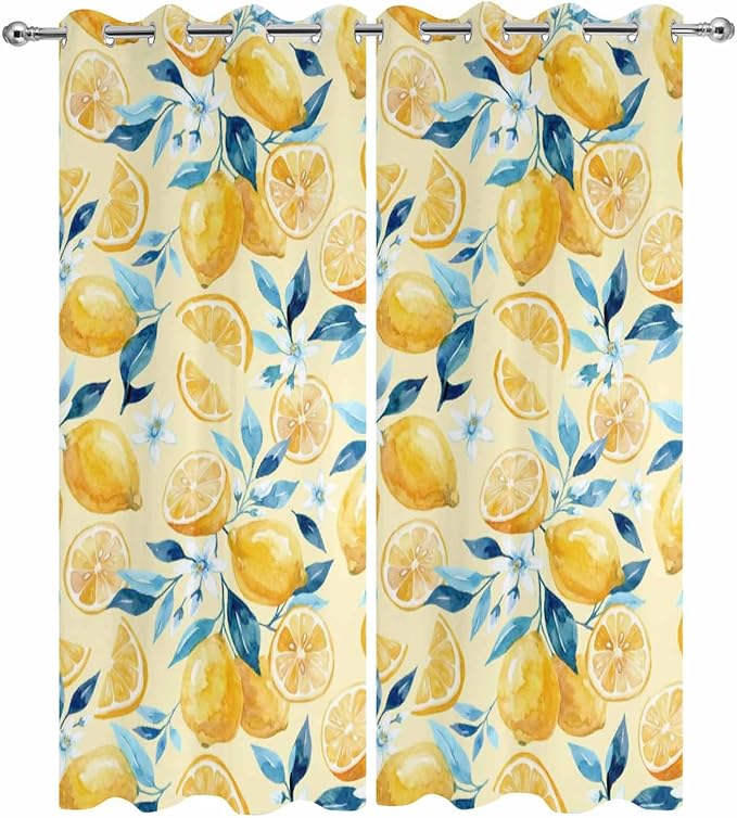 Lemon Outdoor Curtains for Patio Lemon Leaves Summer Plants Begin Waterproof Outside Curtains with Grommet Top Weatherproof Curtain for Cabana Pergola Gazebo, 2 Pack, 54" W x 108" L
