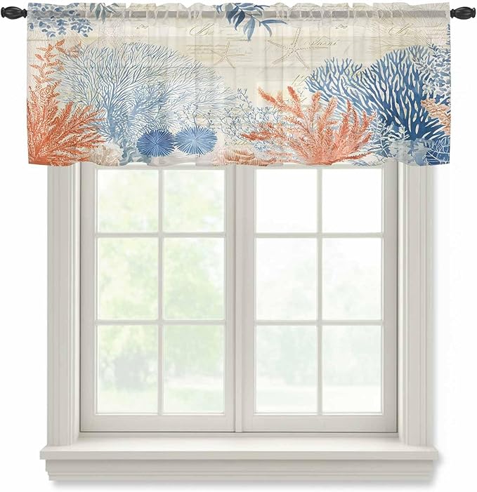 Ocean Corals Sheer Valance Curtains, Summer Beach Coral Sea Stars Retro Texture Light Filtering Kitchen Valances Rod Pocket Voile Curtain Window Treatment for Bedroom/Living Room/Basement 54Wx18L