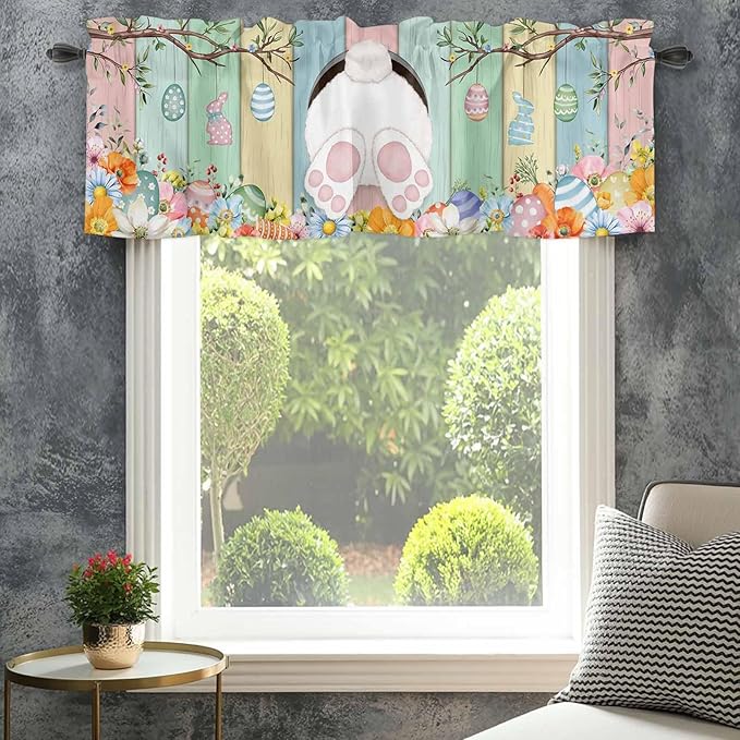 Easter Curtain Valances for Windows, Kitchen Valance Window Treatment, Spring Colorful Bunny Eggs Flower Wood Grain Light Filtering Block Curtains for Bathroom/Bedroom/Living Room 42'' x 12''