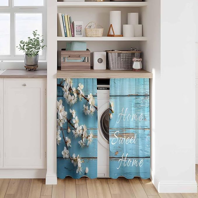 Farmhouse Wooden Grain Tier Curtains, Vintage Shabby Chic Flower Blue Light Filtering Kitchen Curtains, 2Pcs Rod Pocket Half Window Treatments Panels for Sink Cafe Cabinet Basement 27.5x45 Inches