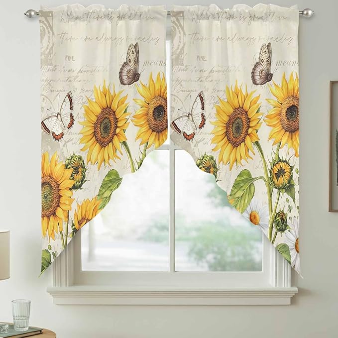 Farm Sunflowers Swag Valances for Windows, Retro Flowers Butterfly Botanical Beige Rod Pocket Kitchen Curtains Valance, Kitchen Window Curtains Swag for Cafe Bathroom Living Room, 2 Panels, 36x45 inch