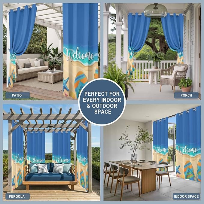 Summer Outdoor Curtains for Patio Beach Slippers Plumeria Waterproof Outside Curtains with Grommet Top Weatherproof Curtain for Cabana Pergola Gazebo, 1 Panel, 54" W x 108" L