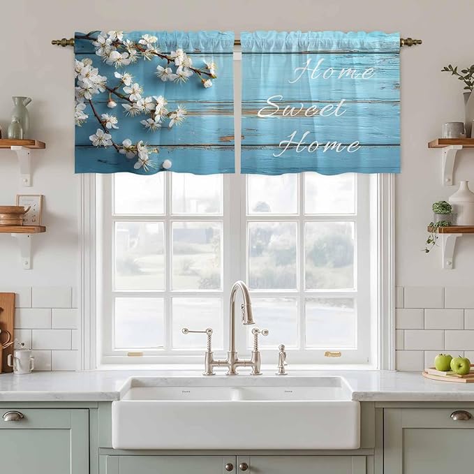 Farmhouse Wooden Grain Tier Curtains, Vintage Shabby Chic Flower Blue Light Filtering Kitchen Curtains, 2Pcs Rod Pocket Half Window Treatments Panels for Sink Cafe Cabinet Camper 27.5x36 Inches