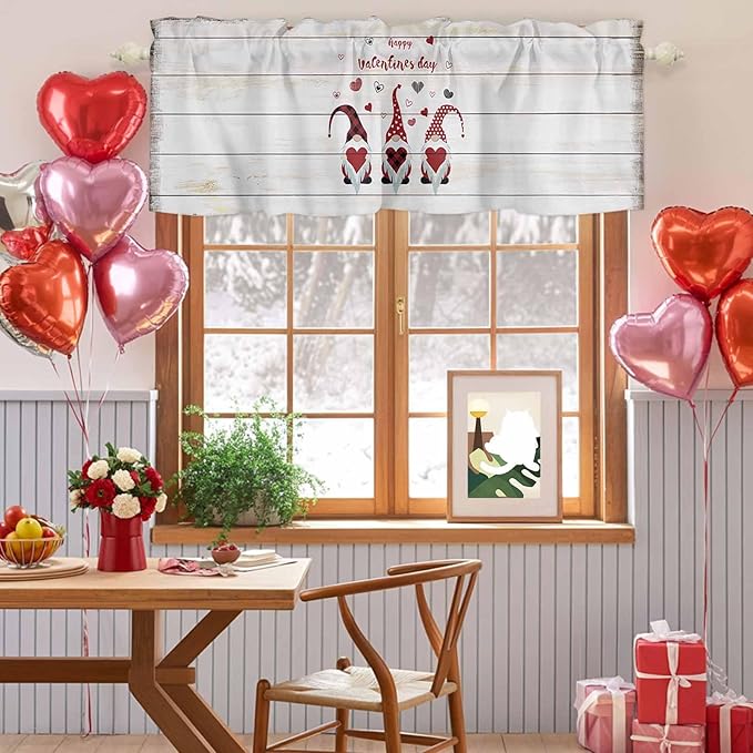 Happy Valentine's Valance Curtains for Kitchen, Day Gnomes Love Heart on Rustic Wood Grain Privacy Rod Pocket Valance Curtain, Light-Filtering Window Treatment for Bedroom Bathroom, 54"x18"