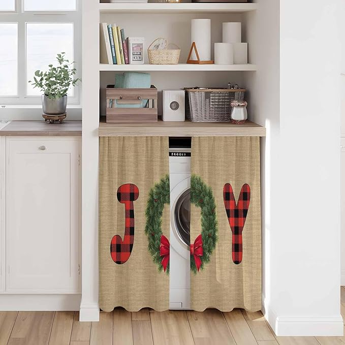 Red Green Christmas Kitchen Curtains 45 Inch Long 2 Panel Set, Rod Pocket Window Treatment, Xmas Botanical Winter Farmhouse Light Filtering Panels Short Drapes for Bathroom Camper 42"W x 45"L